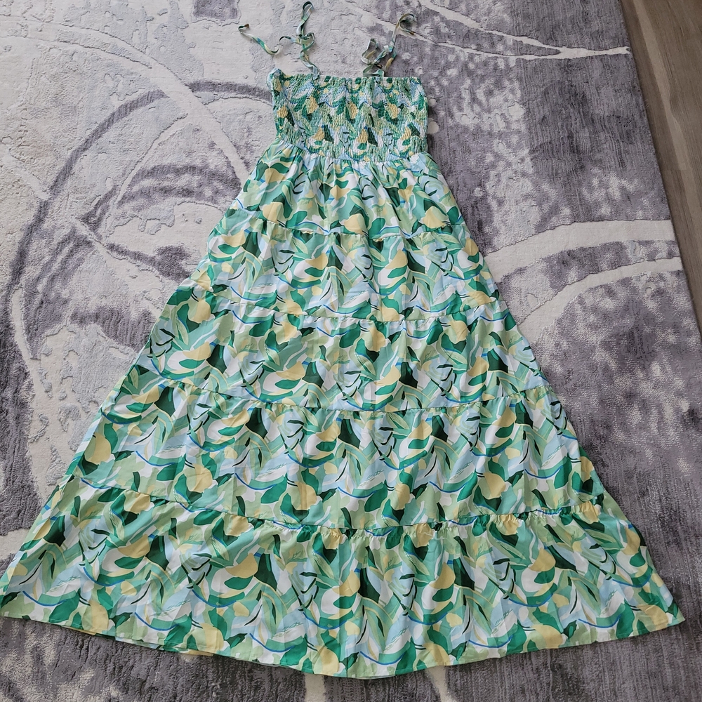 Women's' Green Leaf-Print Smocked Maxi Dress with Adjustable Ties Size XL